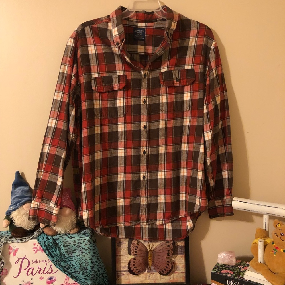 Faded Glory Red/Brown Plaid Flannel Shirt GUC XL
